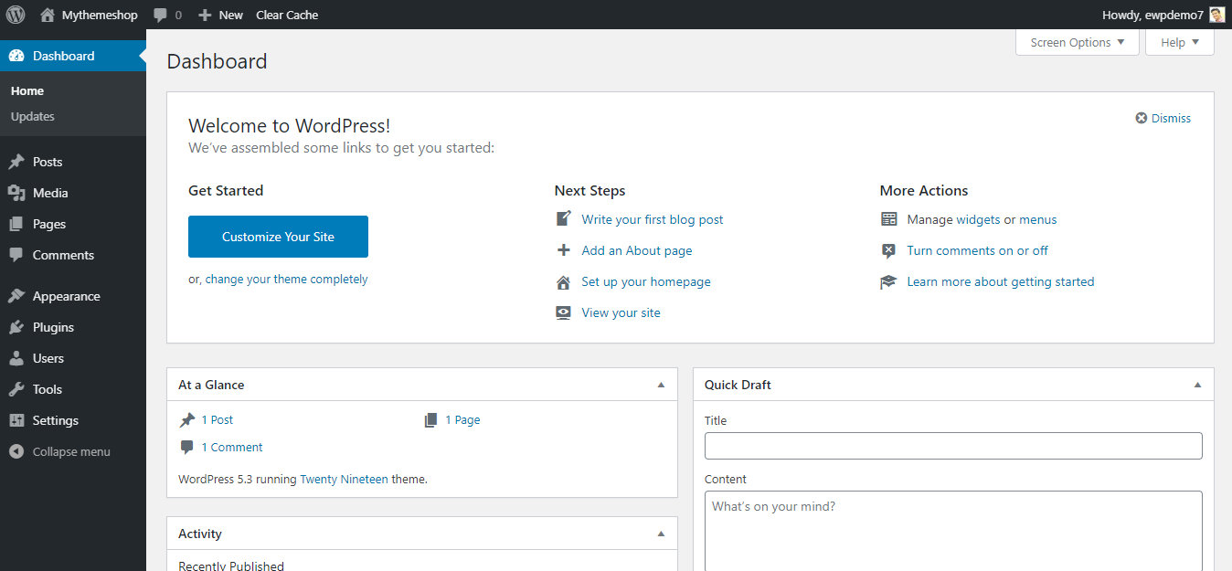 easywp basic wordpress setup admin area