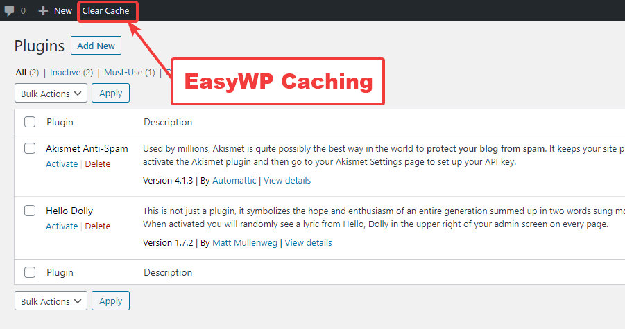 easywp cache present inside wordpress