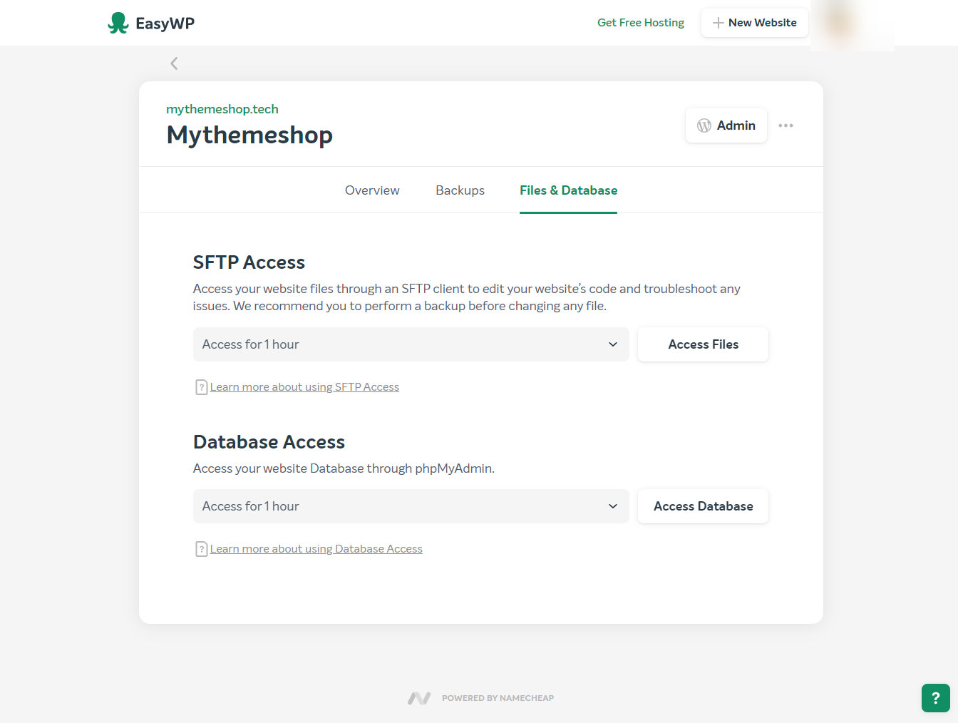 easywp files and database access options