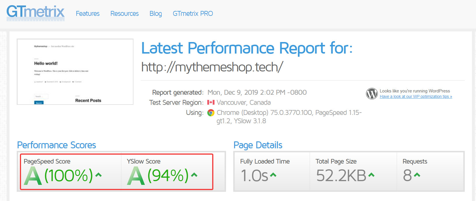 easywp performance on gtmetrix blank site