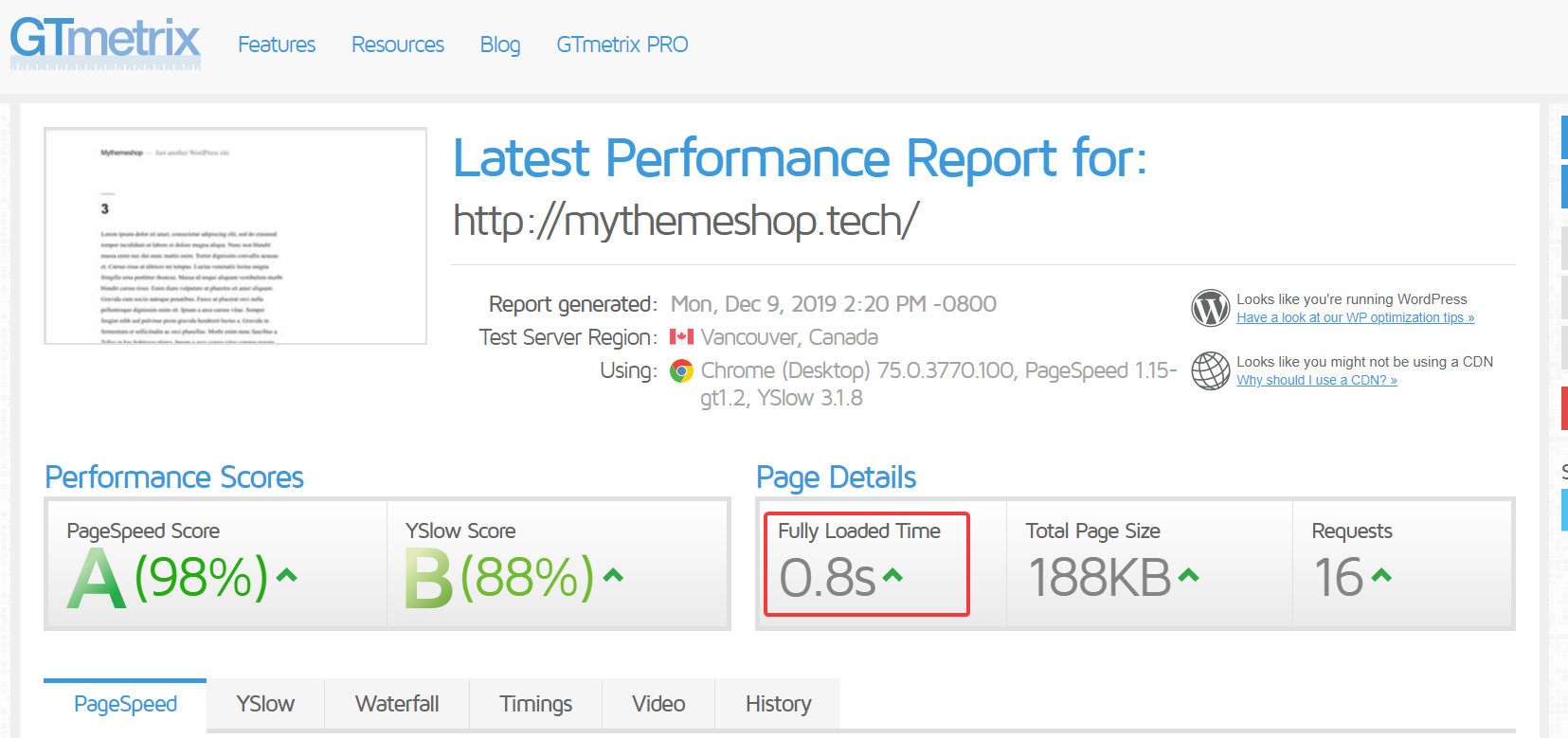 easywp performance on gtmetrix with content