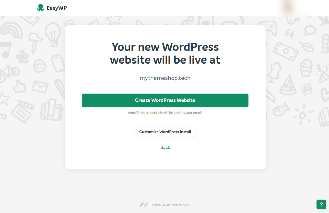 easywp wordpress customization screen