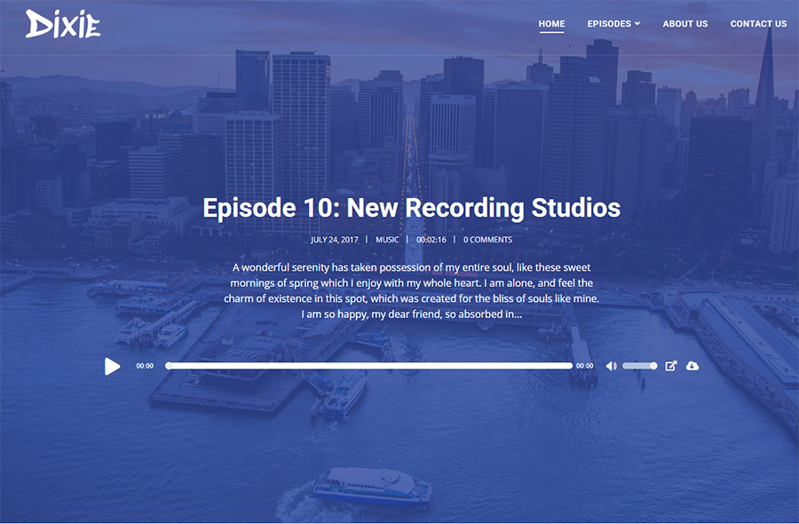 homepage of Dixie WordPress theme for podcasts