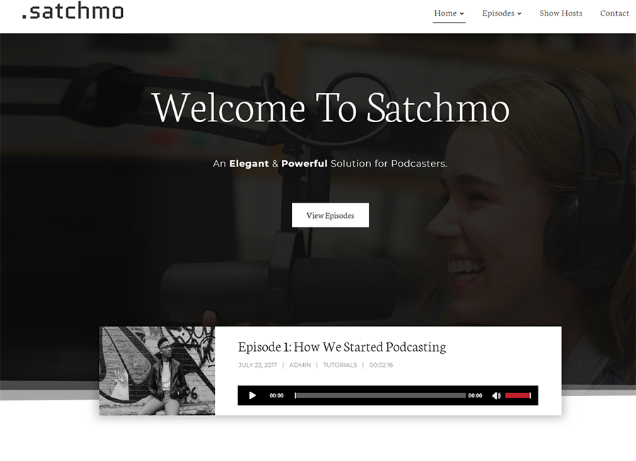 homepage of Satchmo WordPress theme for podcasts