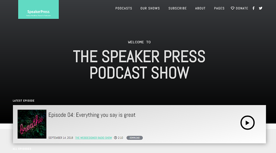 homepage of SpeakePress WordPress theme for podcasts