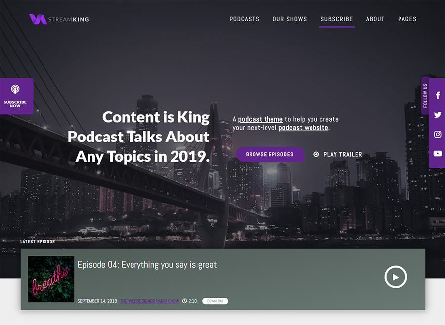 homepage of StreamKing WordPress theme for podcasts