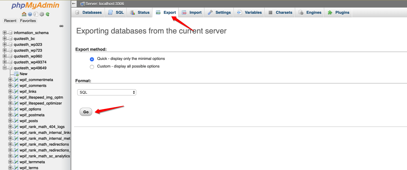 Exporting database in PHPMyAdmin