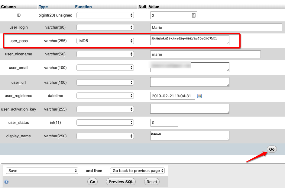 user password change PHPMyAdmin