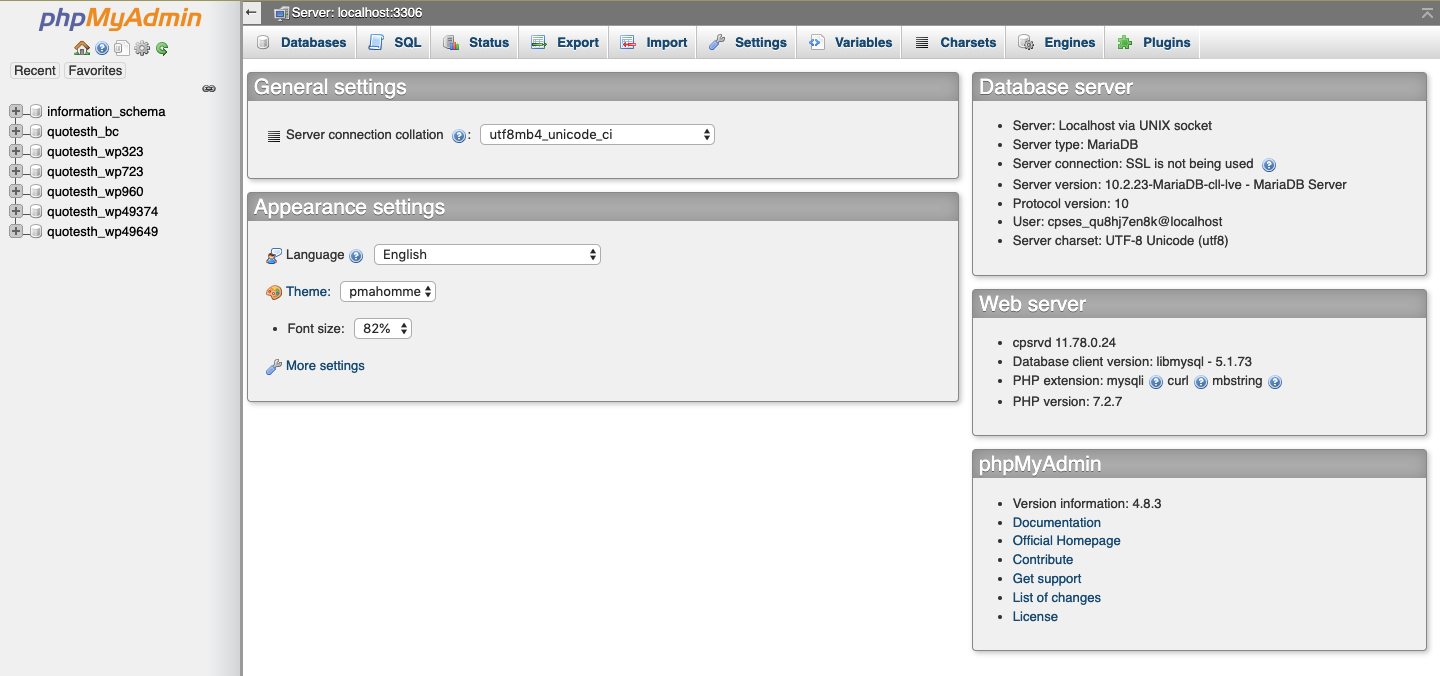 Panel PHPMyAdmin