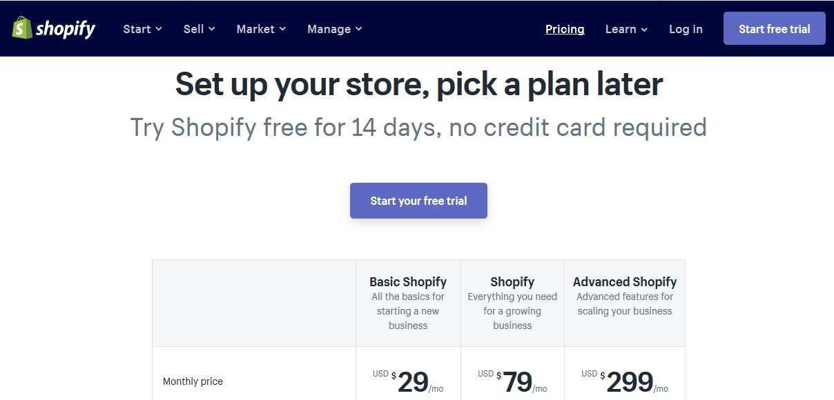 Shopify pricing table 