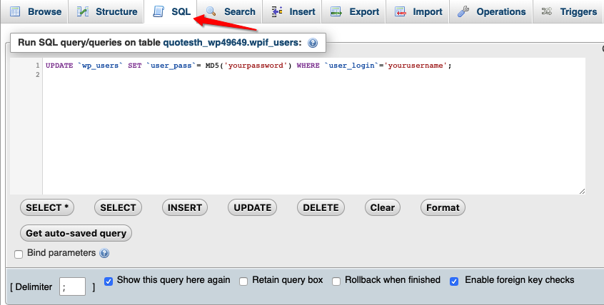 change user password SQL PHPMyAdmin